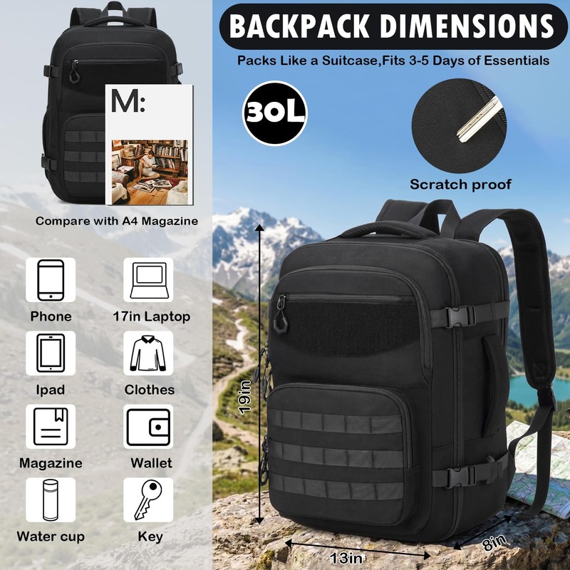 BISKLNDN Carry On Backpack, Large Tactical Travel Backpack Airplane Approved