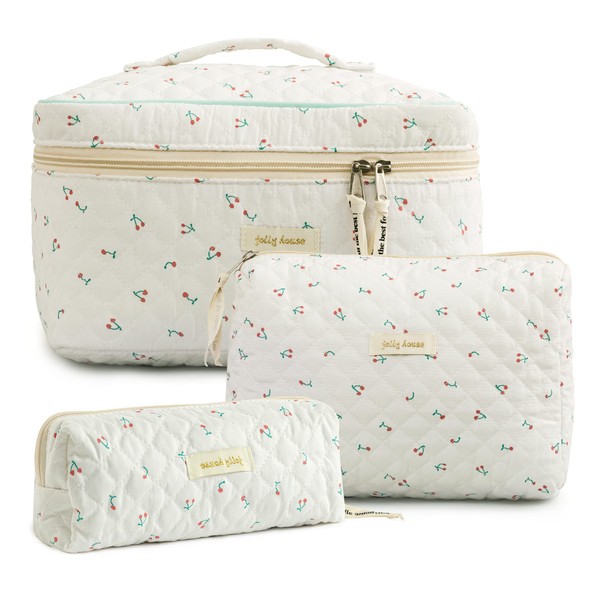 HBselect 3 PCS Quilted Makeup Bag, Cotton Large Travel Makeup