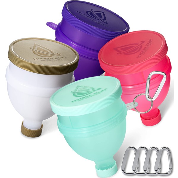 Hydra Cup [4 PACK] - Protein Powder Funnel w/ three compartments, pill & supplement storage container & dispenser, pair w/ shaker bottle on the go for pre/post workout (Purple/Pink/White/Gold/Green)