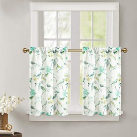 Leeva Green Bird Small Window Curtain Panels, 36 Inch Length Sets Bird and Floral Pattern Design Short Small Curtains for Kitchen Office Cafe Studio, 2 Panels, Rod Pocket