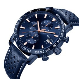 BASUMIU Mens Business Casual Watches Leather Band, Blue Men's Watch with Chronograph Display, Men's Wrist Watches with Day Date Elegant Gift for Men (Blue)