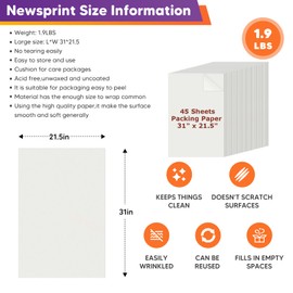 Packing Paper Sheets for Moving Supplies, Tissue Paper for Gift Bags, Newsprint Paper Sheets for Moving, Packing Boxes for Moving, Shipping Supplies, Packaging Wrapping Paper 45 Sheets, 31" x 21.5"
