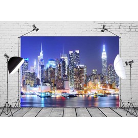 BELECO 8x6ft Fabric New York City Backdrop Manhattan Skyscraper Night View Urban Light Skyline Background City Theme Backdrop New York Party Decorations Artistic Portrait Shoot Photo Studio Props
