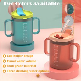 JFGLORIX Spill Proof Sippy Cups for Seniors & Adults -10.2oz(300ml) with 2 Handles & Straw Lid, Elderly Drinking Cups for Patients, Disabled, Pregnant Women, Dishwasher Safe (Blue) (2, Blue+Orange)