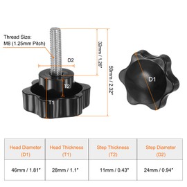 sourcing map 2pcs Star Knobs M8 x 32mm 304 Stainless Steel Threaded Stud 46mm Plastic 6-Star Head Hand Tightening Thumb Screw Clamping Jig Knob Handle, Black