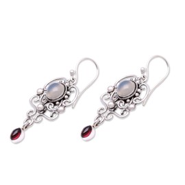 NOVICA Artisan Handmade Moonstone Garnet Dangle Earrings Sterling Silver Red White Indonesia Birthstone [2 in L x 0.8 in W] ' Spirit Chandelier'