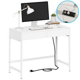 Treocho Computer Desk with USB Charging Ports and Power Outlets, Modern Simple 40 inch White Desk with 2 Drawers, Vanity Desk, Makeup Table for Home Office, Bedroom