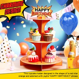 Oudain Anime Theme 3-Tier Cupcake Stand Orange and Red Stars Print Themed Cardboard Cupcake Tower for Cartoon Truck Theme Birthday Party Decor