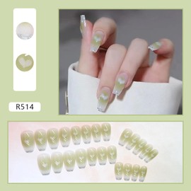 24PCS Full Cover Reusable False Nails Kits, Medium Length Press on Nails, Artificial Acrylic Fake Nails for Women, Green Heart Nails Design, Glue on Nails Fake Nails for Nail Art