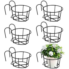 Tideme 6 PCS Round Hanging Railing Planters, Hanging Flower Stand Iron Baskets, Hanging Flower Pot Holder, Metal Rack Fence Shelf Plant Holder with Hooks for Balconies, Gardens, Indoor Spaces