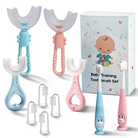 cepillo para polvo de dientes para bebés de 6 a 12 meses y mayores de 1 2 3 1 a 2 2 a 4 años, juego de regalo 10 en 1 con cepillo para polvo suave en forma de U para recién nacidos, niños y niños