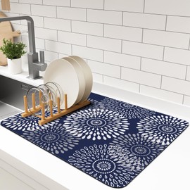 LuxStep Dish Drying Mat Super Absorbent Kitchen Counter Mat Rubber Backing Draining Mat Easy to Clean Kitchen Accessories Dish Rack Pad for Dishes, Utensils, Countertops, Sinks 15" x 18" Blue