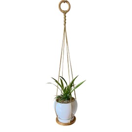 ATLanyards Light Tan Hanging Plant Shelf | Neutral Plant Hanger | Floating Plant Shelf | Macrame Plant Holder | 361 (24" Long with Wood Ring)