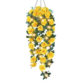 Collections Etc Solar LED Lighted Artificial Floral Rose Hanging Basket