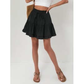 Hafailia Boho Skirts for Women Mini - Casual Beach Ruffle Flowy Skorts Swing Skirt with Shorts Underneath 2025 Summer Trendy Black M