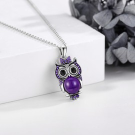 URONE Owl Necklace Silver 925 Owl Purple Crystal Pendant Necklace Owl Jewellery Owl Gifts for Women Ladies, No Gemstone