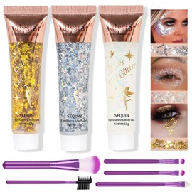 Sugeru® Pack of 3 Glitter Face Gel with Makeup Tools for Body, Face, Hair, Nail Art, Festival Accessories, Body Glitter Gel, Glitter Face Make-Up, Cosmetics, Festival, Party (Gold + Silver + White)