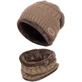 Winter Beanie Hat Scarf Set Warm Knitted Hat Outdoor Ski Skull Cap with Fleece Lined for Men Women (Khaki)