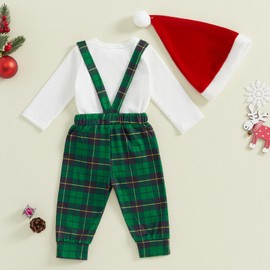 Geagodelia Baby Boys Christmas Outfit Grows Xmas Clothing Newborn Clothes Set Bodysuit Top + Suspender Pants + Hat My First Christmas (White & Green - Tree, 3-6 Months)