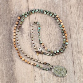 KELITCH Lucky 925 Silver Buddha Pendant Necklaces Wood Agate Beads Long Necklaces New Crystal Necklaces, Wood, Agate, pearls