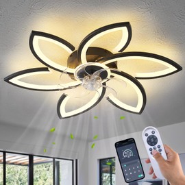 Dalouguan Ceiling Fan with Lights Remote Control, Black Flower Ceiling Fan with Light, 3 Light Color Modern Low Profile Flush Mount Ceiling Fan for Kitchen Bedroom Living Room