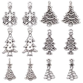 SUNNYCLUE 120 Pcs 6 Types of Christmas Charms Christmas Tree Charms 3D Tree Earrings Winter Earrings Tree Necklace Pine Tree Bracelet Pines Key Chain Pine Star Metal Parts Star Tibetan Style Vintage