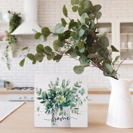 FLVGE Sage Green Eucalyptus Leaves Wooden Box Sign Decor, Home Sign Shelf Decor, Rustic Spring Botanical Wooden Block Sign Decor for Home Farmhouse Shelf Tiered Tray Decor 5x5