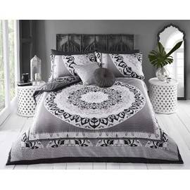 Sleepdown Duvet Cover Set - Paisley Mandala Geometric - Abstract Reversible Quilt Cover Easy Care Bed Linen Soft Cosy Bedding Sets with Pillowcase - Black Grey - Single (135 cm x 220 cm)