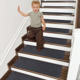 COSY HOMEER Stair Treads Non-Slip Carpet Mat 28inX9in Indoor Stair Runners for Wooden Steps, Stair Rugs for Kids and Dogs, 100% Polyester TPE Backing 15pcs,Black,Protect Floor