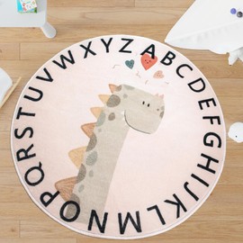 Tapis Design Cartoon Dinosaur Rugs, Soft Cute Childrens Rug Low Pile Nursery Rug Boys Girls Bedroom Rug Non-slip Washable Kids Carpets for Playroom, Round Rug 80cm, Blush Pink and Sage Green