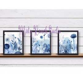 Set of 3 Blue BOHO Flowers UNFRAMED Wall Art Prints for Soothing Bohemian Vibes