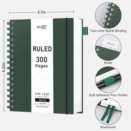 RETTACY Spiral Notebook, A5 College Ruled Notebook with 300 Pages, 5.7" × 8.2", Medium Size, Notebook Journal for School, Work, Writing, 100 GSM Thick Paper, Flexible Plastic Cover (Deep Green)