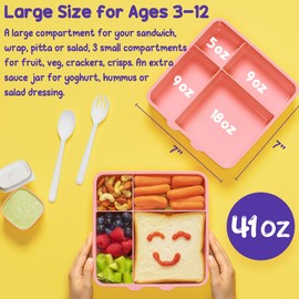 Fimibuke Bento Lunch Box for Kids - Leak Proof Toddler Bento Box with 4 Compartments BPA Free Dishwasher Safe Lunch Container with Utensils, Ideal Portion Sizes for Ages 3-12 Girls Boys for School