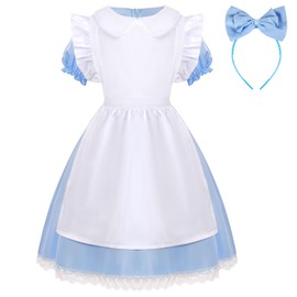 Aomig Alice in Wonderland Costume Blue Dress Classic Fancy Dress with White Apron and Headband for Children Bow Headbands Headdress for Women Girls Book Figure Costumes World Book Day (110 cm)