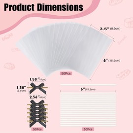 RomanticBaking 50 Sets Clear Rice Krispie Treat Bags with Black Ribbon Bow and Stick & Flat Cellophane Clear Bags for Rice Krispie Treats Gift Giving Bag(Black)