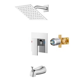 Airuida Shower Faucet Set with Tub Spout Bathtub Faucet Kit Shower Tub Faucet Set Complete Tub Shower Trim Kit with Solid Brass Rough-in Valve and 6 Inch Rainfall Square Showerhead Chrome Polish