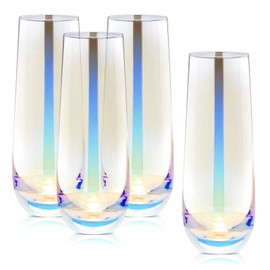 Sparkle and Bash Iridescent Stemless Champagne Flutes & Mimosa Glasses, Set of 4-10 oz Capacity Modern Holographic Drinkware - Finish & Versatile Stemless Wine Glasses