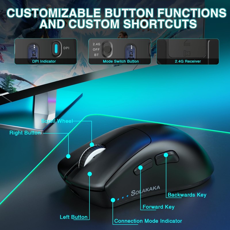 SOLAKAKA SM805 Lightweight Wireless Gaming Mouse,24000 DPI,Tri-Modes Connection,BT5.0/Type-C Wired/2.4G Wireless