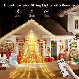 Soiarllt Christmas Lights Outdoor, Waterproof 12.5ft Christmas Decorations, 8 Lighting Modes Waterfall Lights with Remote Control, Star Hanging Christmas Tree Lights for Tree House Holiday, Warm White