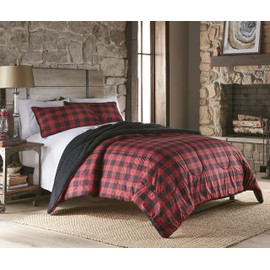 Thermee Micro Flannel Comforter Set with 2 Shams, Won't Shrink or Pill, Machine Wash, Black & Red Rustic Check, Full/Queen