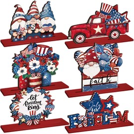 Yuntau 6 Pcs Patriotic Table Decoration 4th of July Wooden Table Centerpiece Independence Day Wood Letter Sign Home of America Table Decoration for Patriotic Party Memorial Day Home Decor
