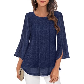 Gemulate Evening Tops for Women UK Sparkly Dark Blue 3/4 Sleeve Ruffled Layered Mesh Tunic