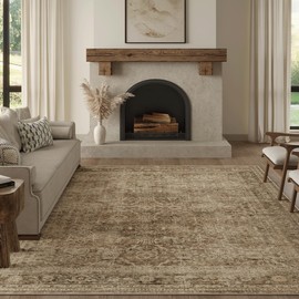 FMFUNCTEX 6x9 Washable Area Rug Brown Vintage Neutral Distressed Large Non Slip Carpet for Living Room Bedroom Soft Low Pile Indoor Mat Retro Floral Throw Rug for Dining Room Kitchen Office Nursery