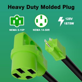 RV Adapter Plug 50 Amp to 15 Amp 110 Volt Cord, 15A Male to 50A Female Dogbone RV Trailer Camper Cable, NEMA 5-15P to 14-50R, STW, ETL, 10AWG, Heavy Duty Electrical Power, 12in, 1ft, Green