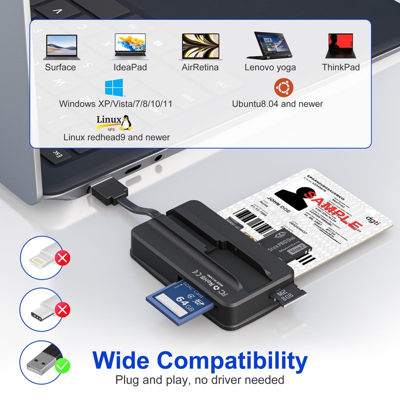 6-in-1 USB Smart Card Reader SIM Card Reader ISO7816 Contact