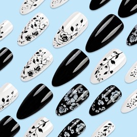 Medium Press on Nails Almond Fake Nails with Flower Leaves Designs Black Nails Press ons Glossy Glue on Nails White Acrylic Nails Spring False Nails Summer Stick on Nails for Women 24Pcs
