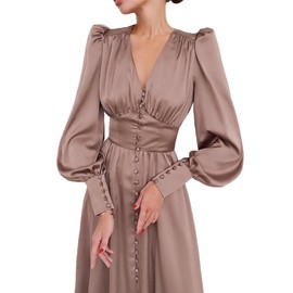 xxxiticat Women's Puff Sleeve Satin Maxi Dress Long Lantern Sleeve Button Down Ruffle Single Breasted Vintage Midi Dresses(BR,L) Brown