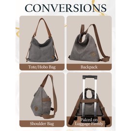 Ausing Large Tote Bag for Women Convertible Backpack Purse with Zipper Pockets 4-in-1 Canvas Shoulder Hobo Bag Lightweight Spacious Tote Bag Grey