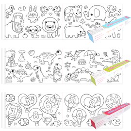 Lweiiws 3Pcs Coloring Paper Roll for Kids, 118x11.8 Inch Sticky Drawing Paper Roll, DIY Painting Color Filling Paper, Educational Toys for Children, Ideal Gift for Kids Birthday Christmas Party(Animal World & Dinosaur & Numeral)