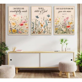 3 piezas de flores cristianas para pared, versículo bíblico, lona floral, salmo, fe religiosa, decoración de pared, guardería, escrituras de flores silvestres, impresiones para habitación de niñas